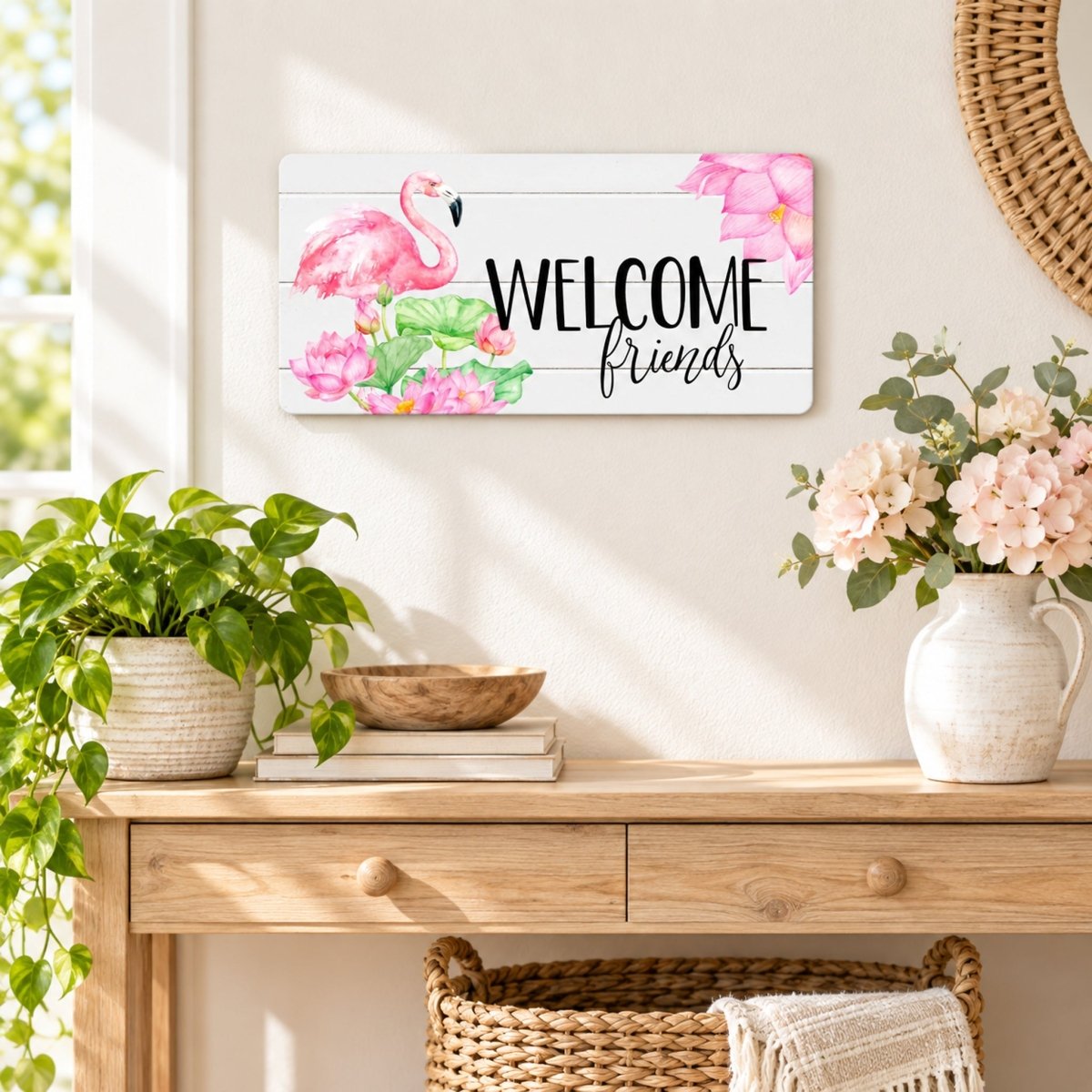 Welcome Friends Flamingo sign on a wall above a table with plants