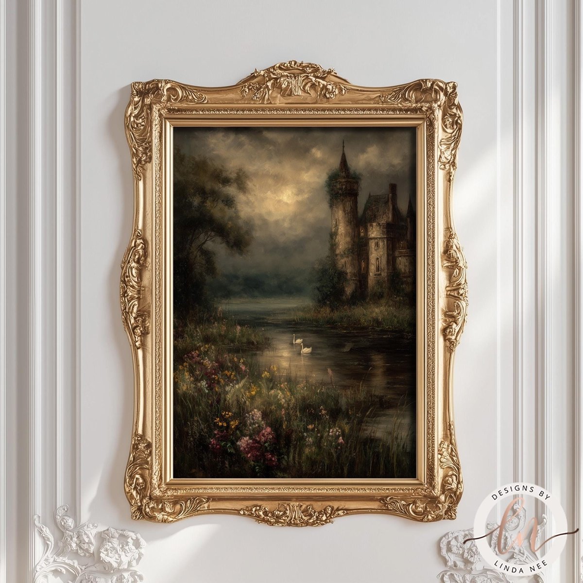 The image is a painting of a castle surrounded by a moat, with swans swimming in the water. The painting is framed in an ornate gold frame and is displayed on a white wall.