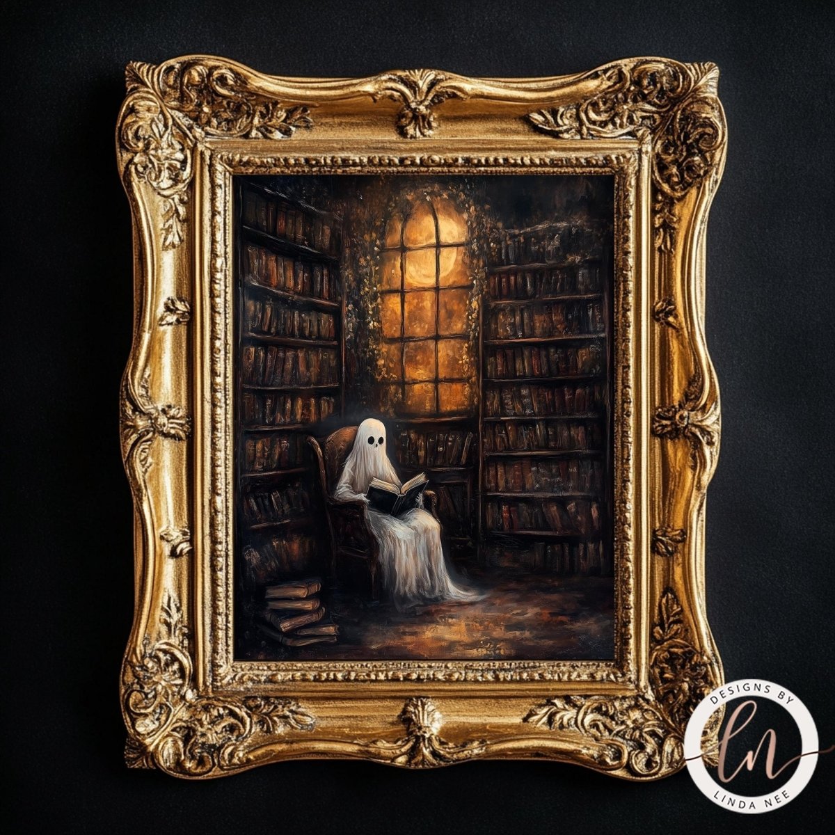 Library ghost artwork with a warm glow coming through the window