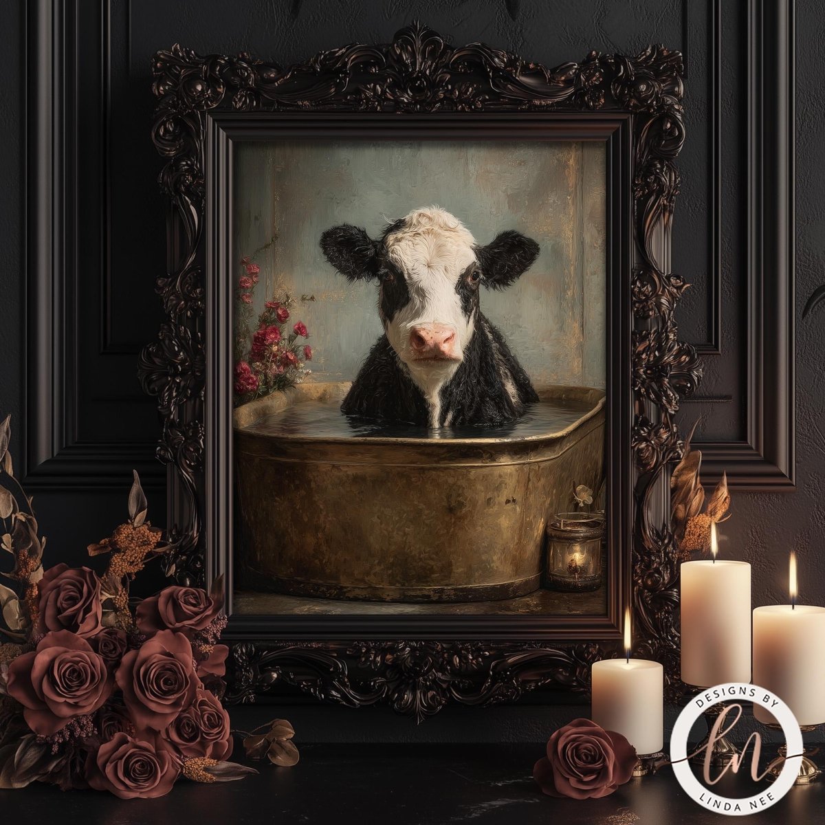 A framed painting of a cow sitting in a tub, surrounded by candles and flowers, creating a whimsical and cozy atmosphere.