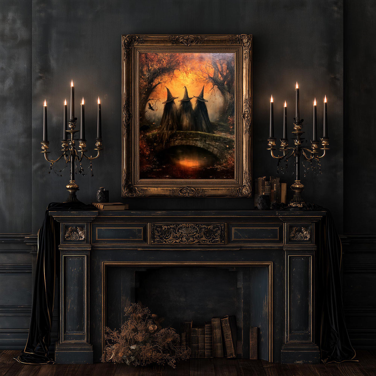 Gothic room with twin candlesticks flanking the fireplace and the bridge print