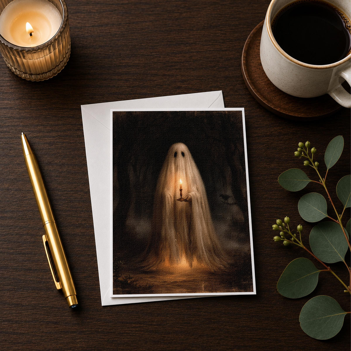 Woodland ghost note card styled on a wooden desk with a candle, a pen and a coffee cup