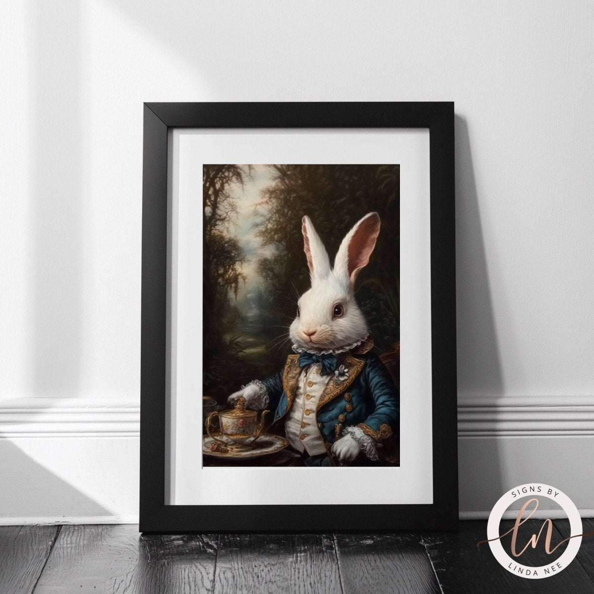 White rabbit holding a teapot artwork set against a forest background