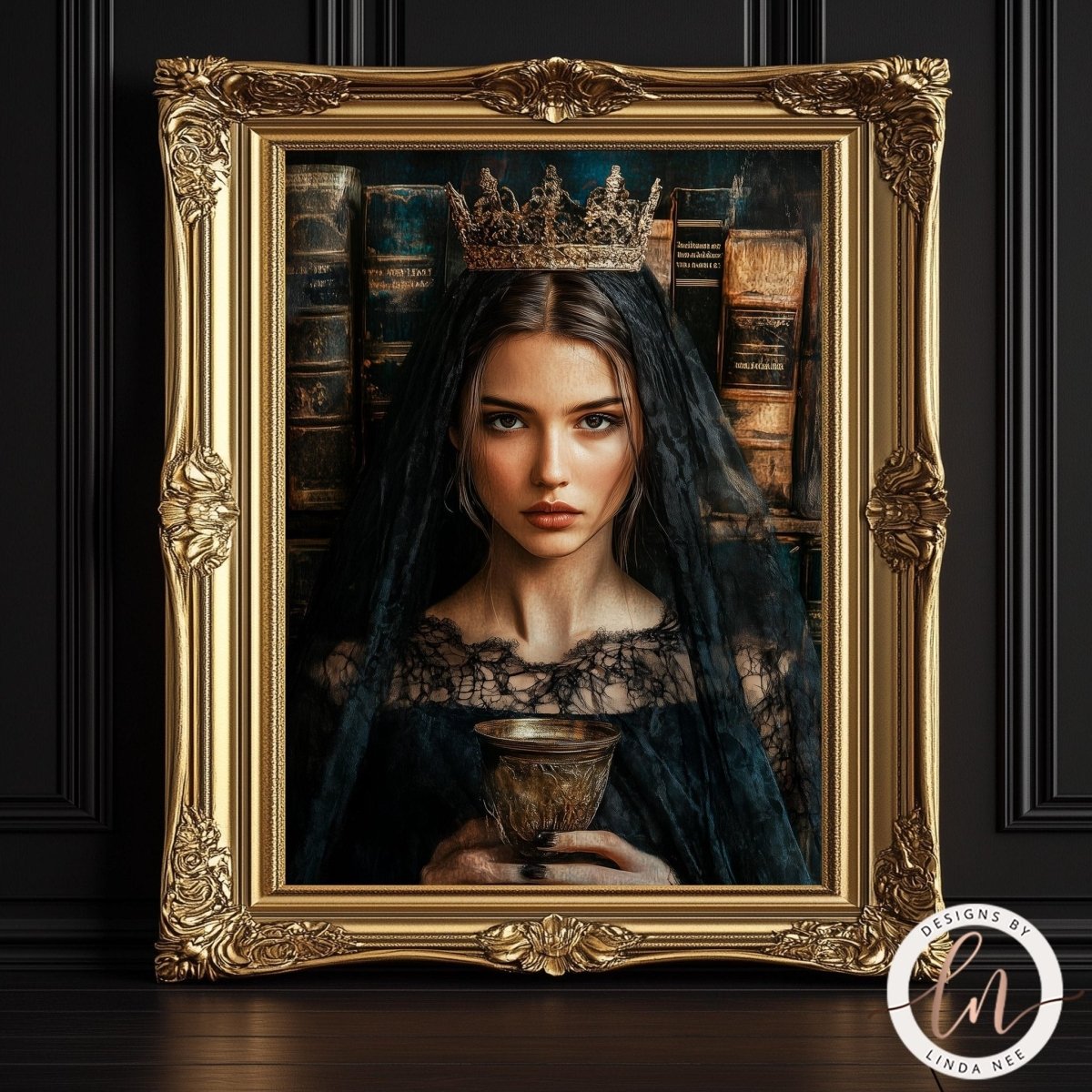 Crowned figure in a black veil holding a golden cup