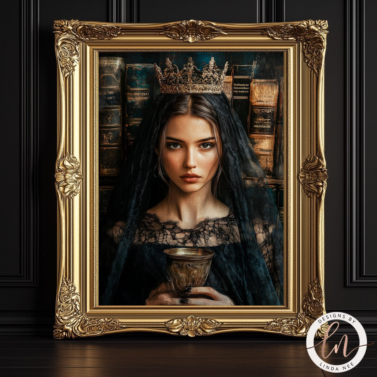A woman wearing a crown and holding a cup is framed in an ornate gold frame, set against a dark background with books visible.