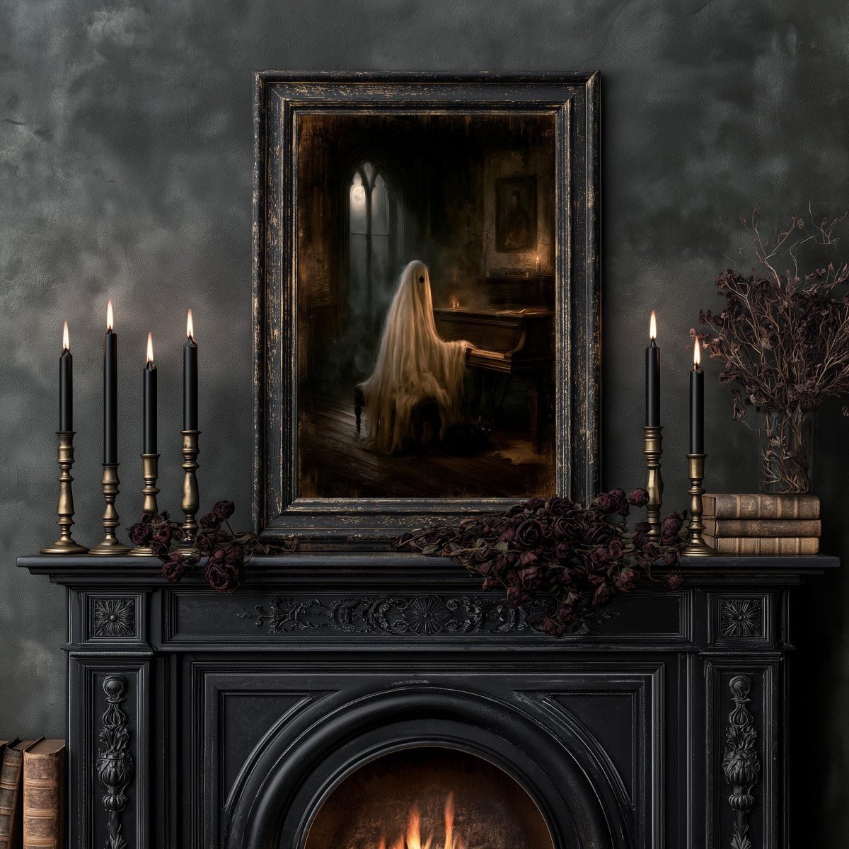 Gothic ghost piano artwork displayed among candlelight and a dark flower arrangement