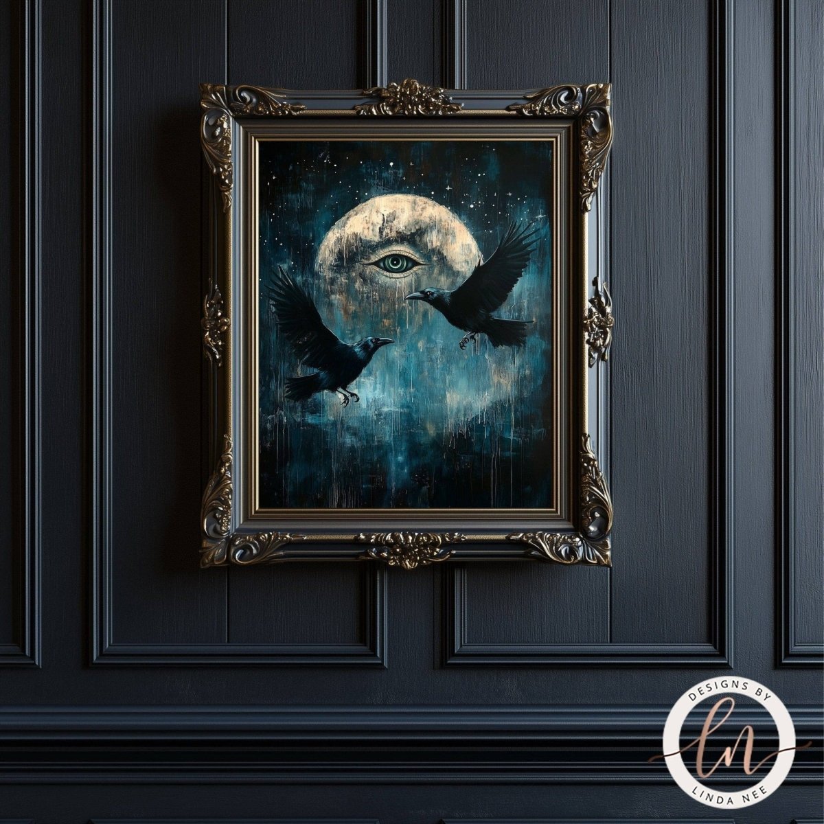 a painting of a large eye surrounded by a crescent moon and two black birds in flight. The painting is framed in an ornate gold frame and is displayed on a dark wooden panel.