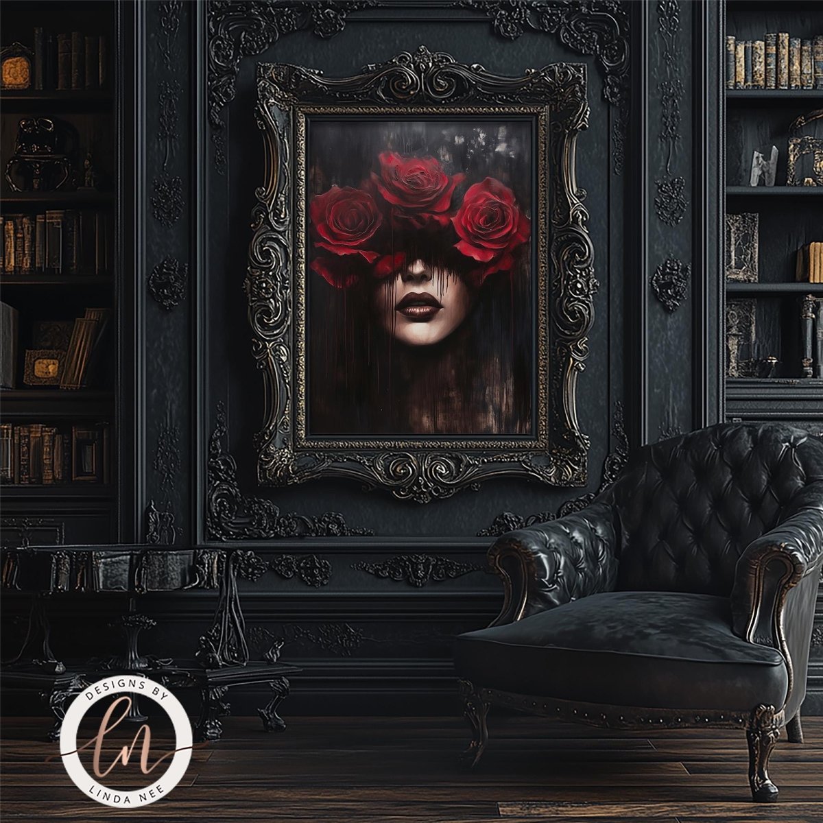 a dark, gothic-style room with a large, ornate mirror on the wall, which has a framed image of a woman with red roses covering her face. The room also includes a black leather armchair and a bookshelf filled with books.