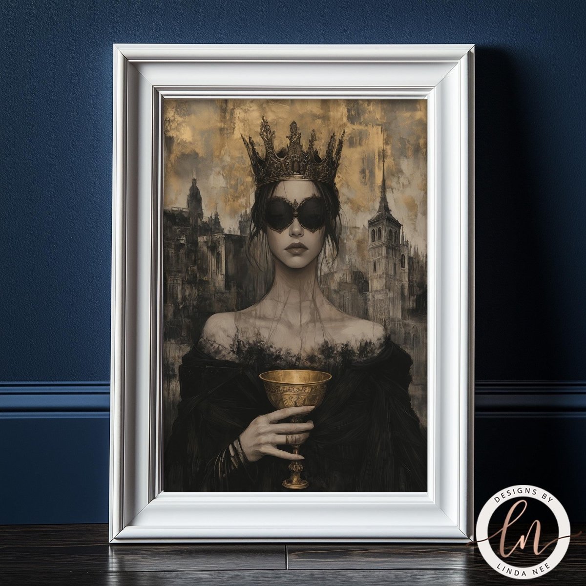 A framed artwork depicting a woman wearing a crown and holding a golden chalice, with a cityscape in the background.