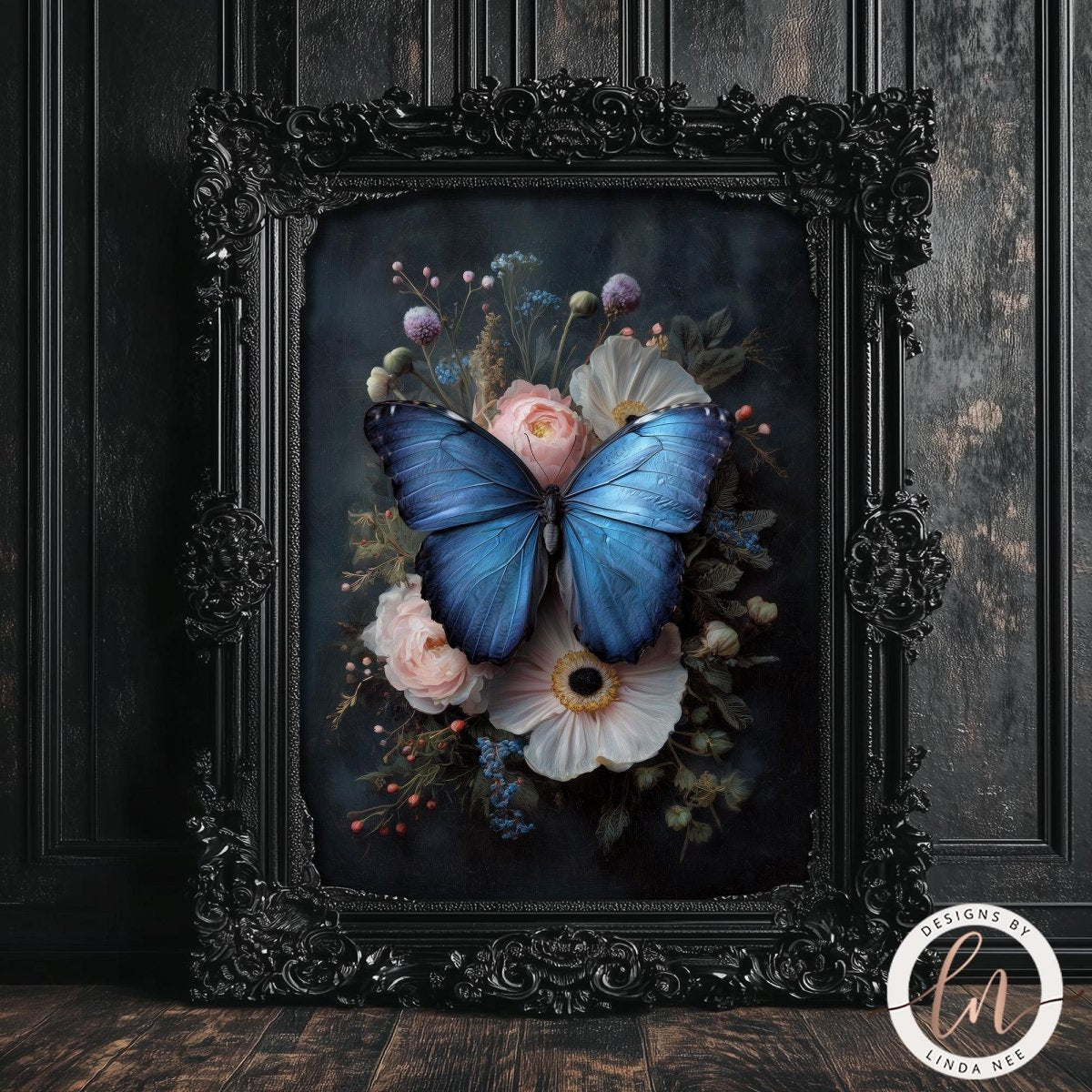 A framed artwork depicting a blue butterfly resting on a floral arrangement, with a dark background and ornate black frame.