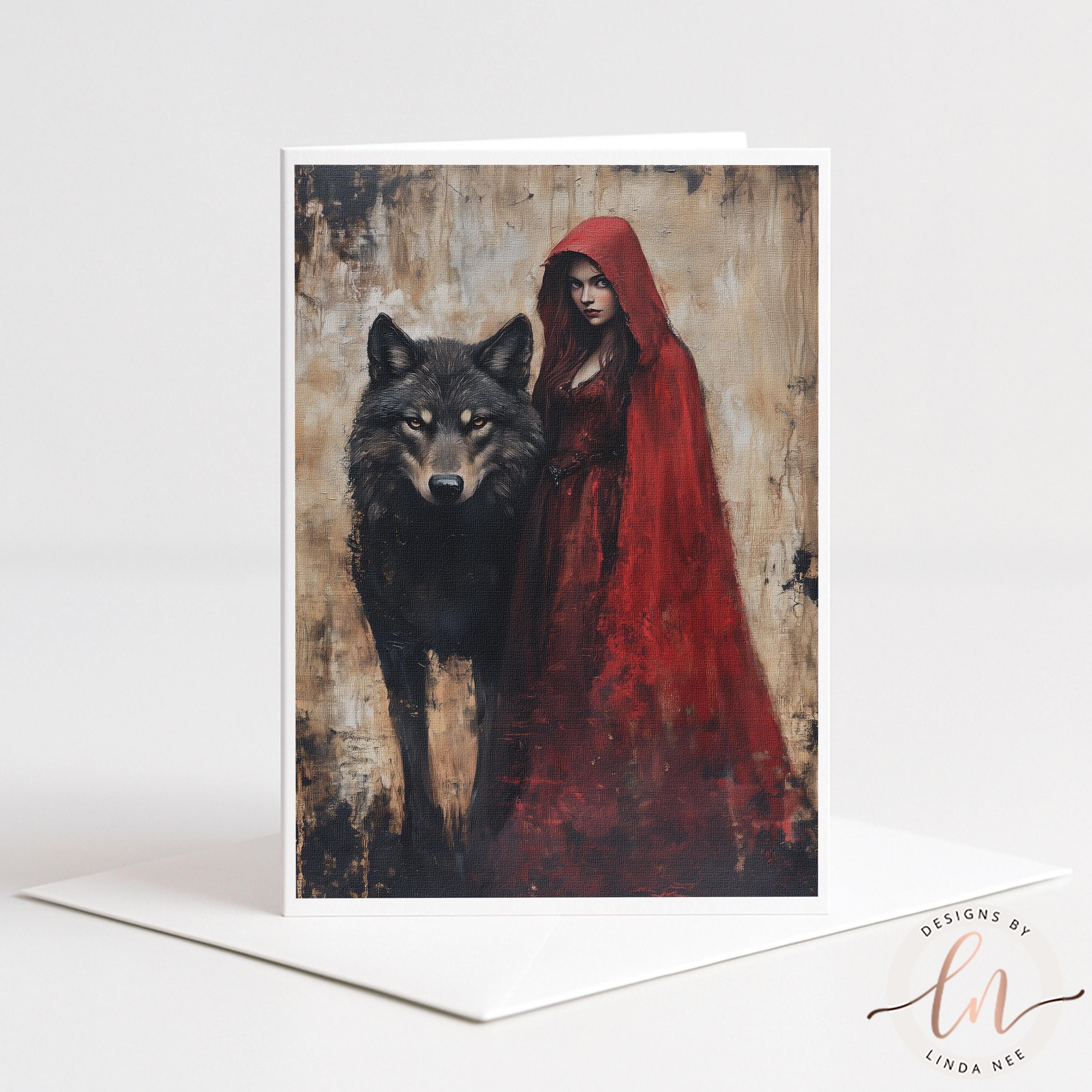 a woman in a red cape standing next to a wolf, with a dark background.