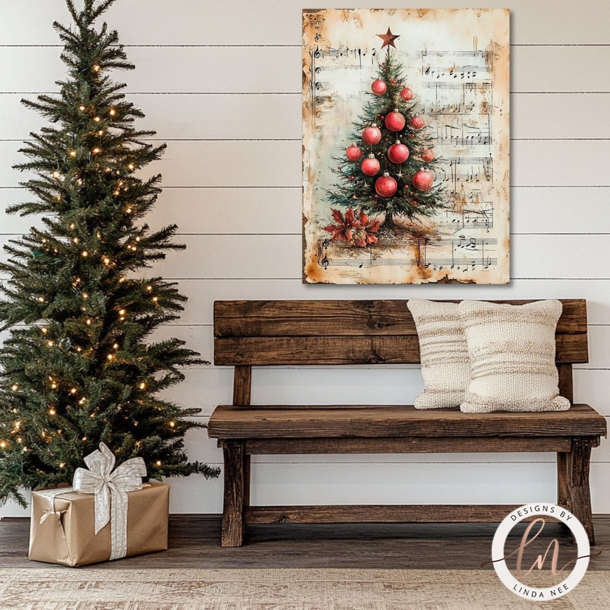 Christmas carols wall art above a wooden bench beside a lit tree and gift box