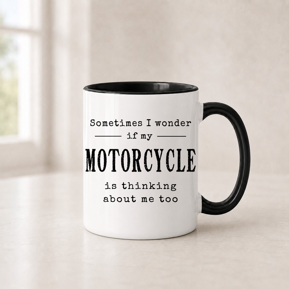 Motorcycle quote mug in the 11 oz black handle version with a black interior, MOTORCYCLE in bold capitals