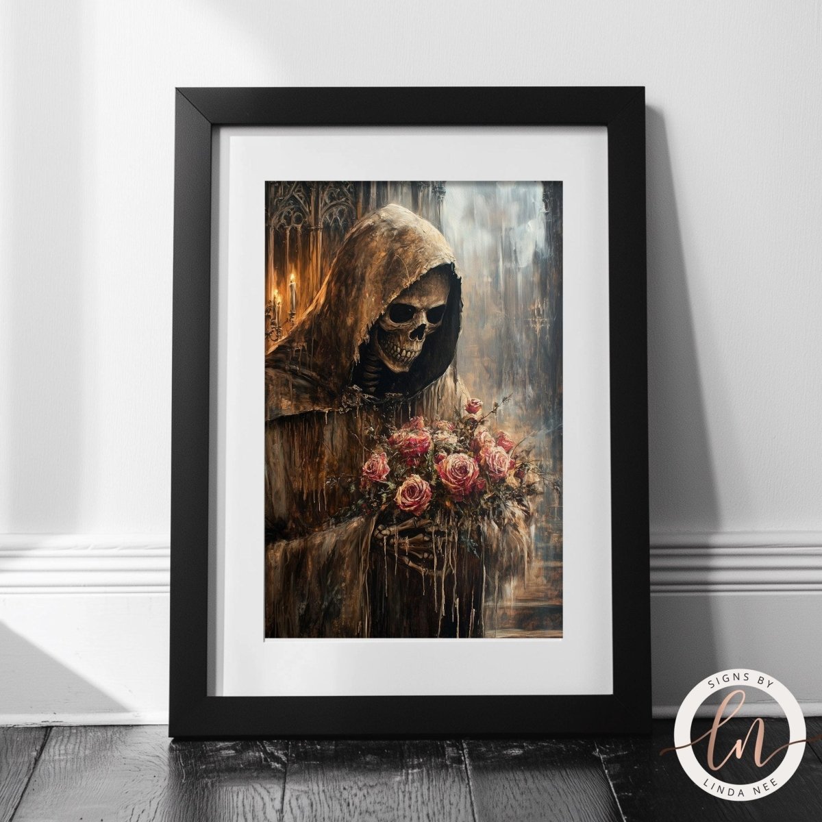 Skeleton figure with flowers displayed against a gothic background
