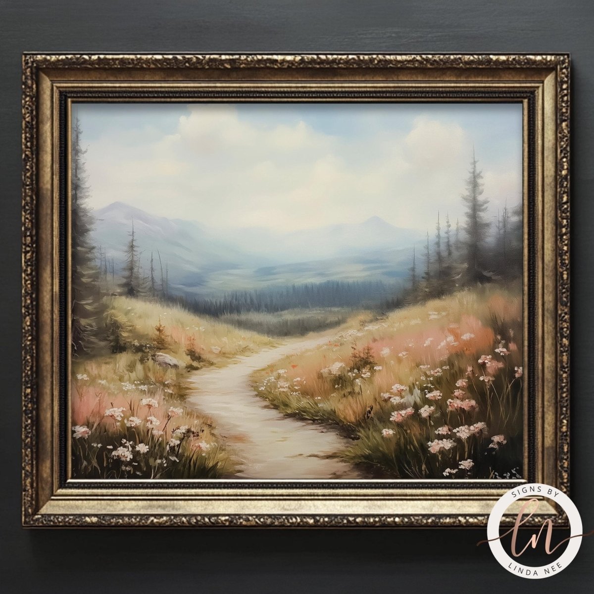 The image is a framed painting depicting a scenic mountain landscape with a winding path leading through a field of flowers.