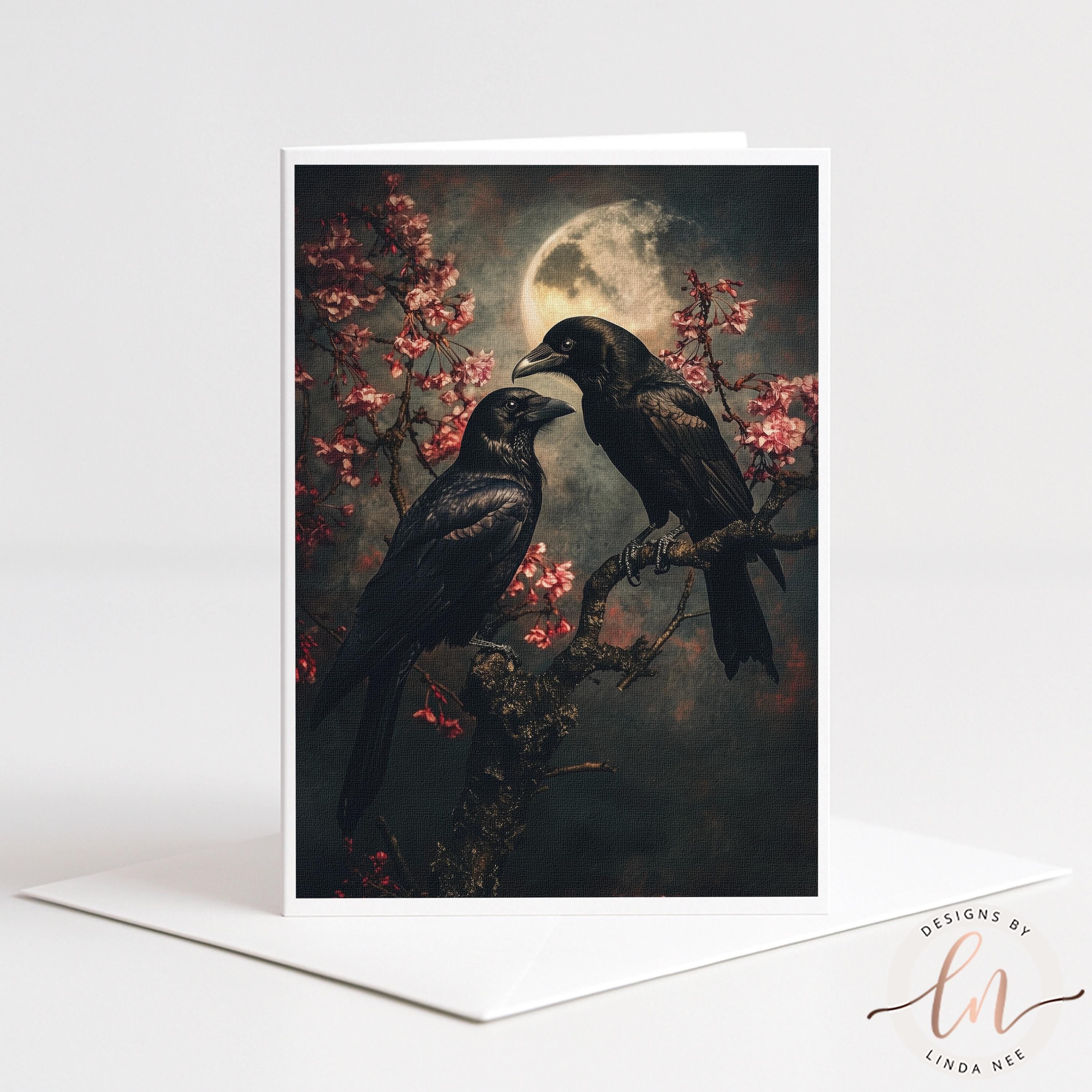 two black birds perched on a branch under a full moon, with pink flowers blooming in the background.