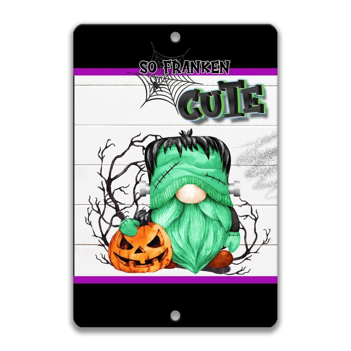 A Halloween-themed graphic featuring a green gnome holding a carved pumpkin, with a spider web and a black and white striped background.