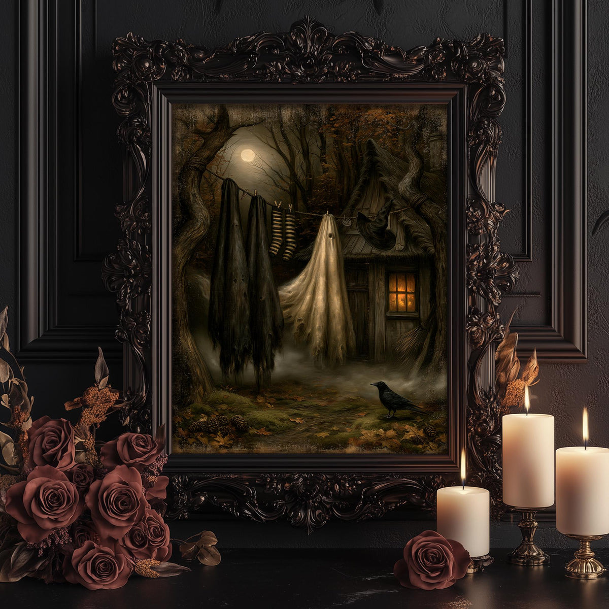 Witch laundry print shown framed against a dark wall with candles and roses