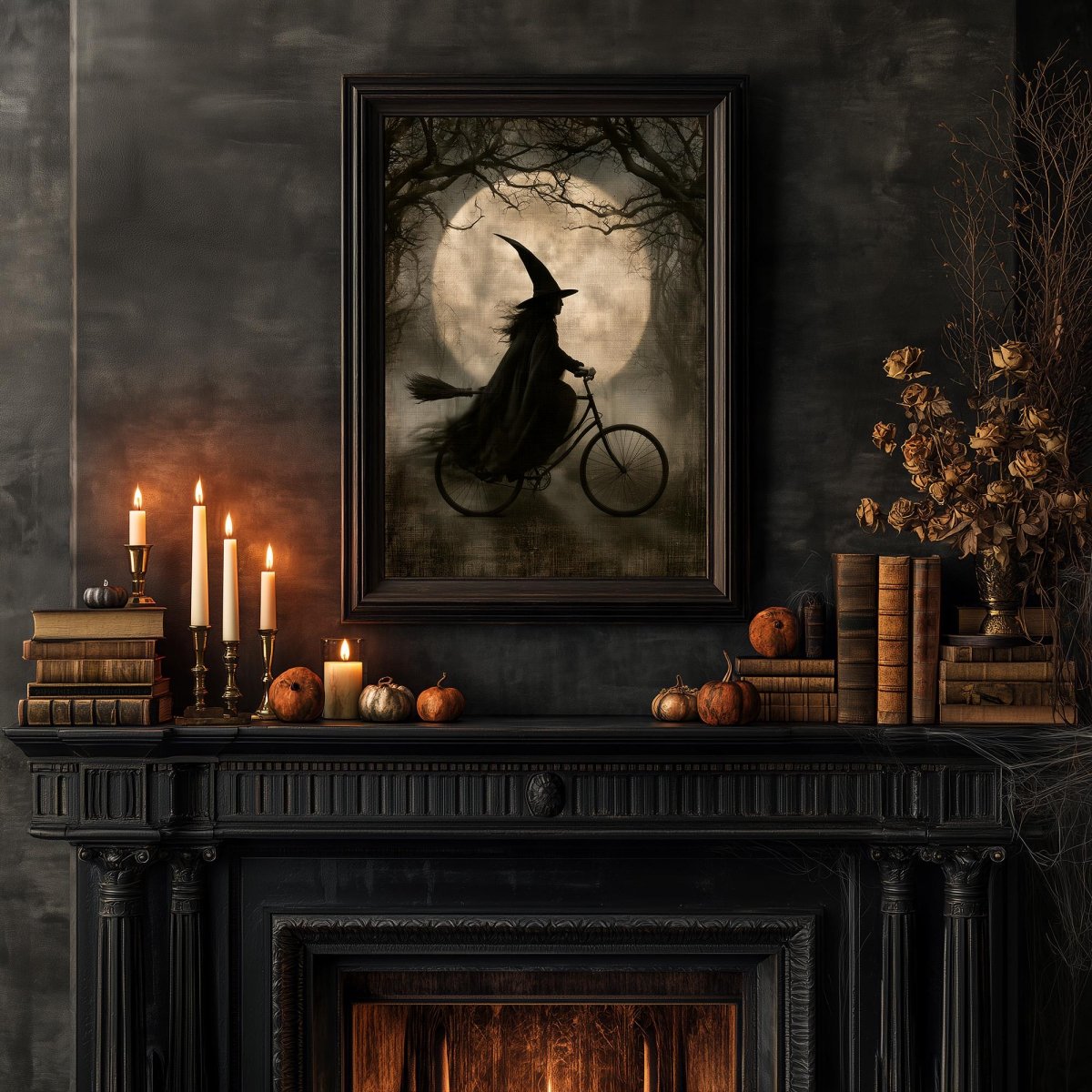 Witch on a bicycle art print with books, pumpkins, and candlelight