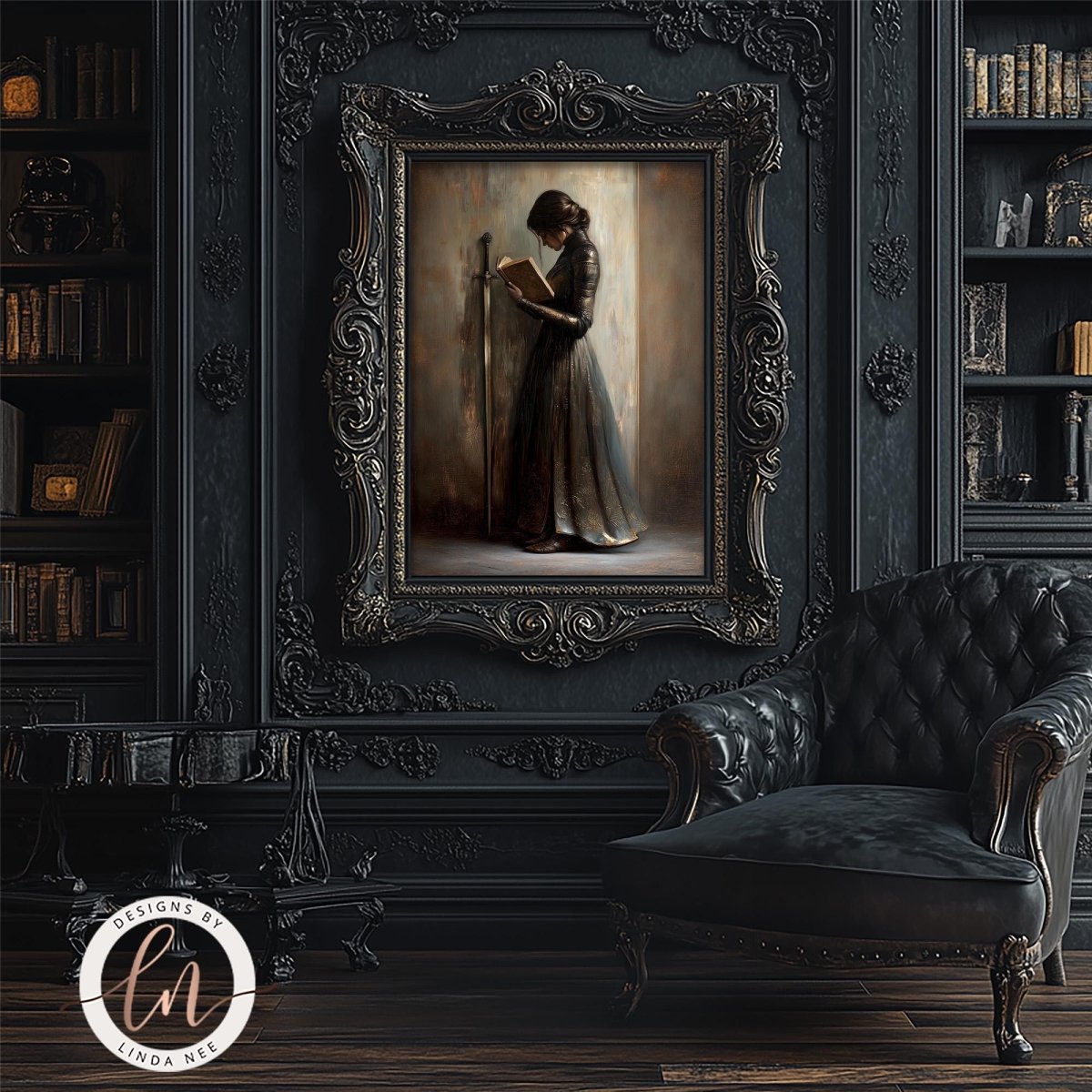 a dark, ornate room with a large, gilded frame hanging on the wall. The frame contains a painting of a woman in a long dress, who appears to be reading a book. The room also includes a black leather armchair and a bookshelf filled with books.