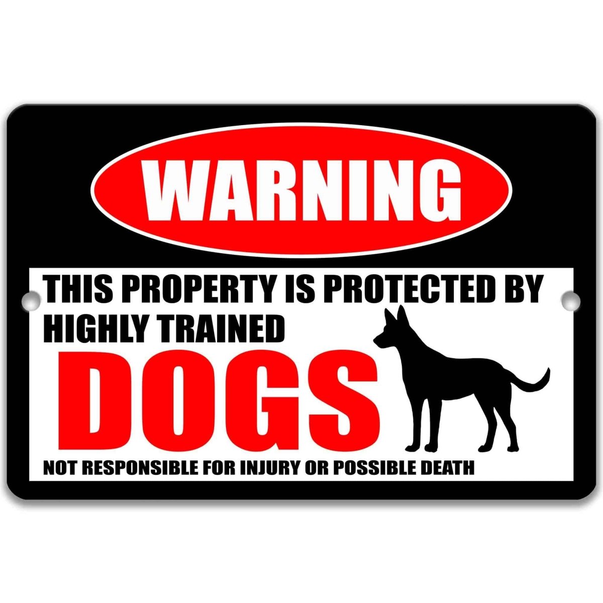 Guard dog warning metal sign, glossy black, red WARNING oval and standing dog silhouette
