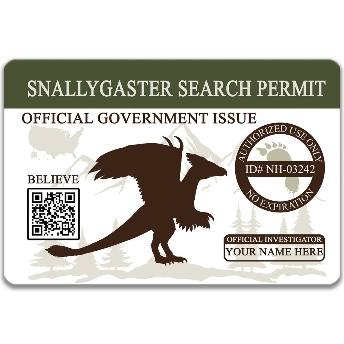 The image is a search permit for a Snallygaster dinosaur, featuring a silhouette of the dinosaur and a QR code.