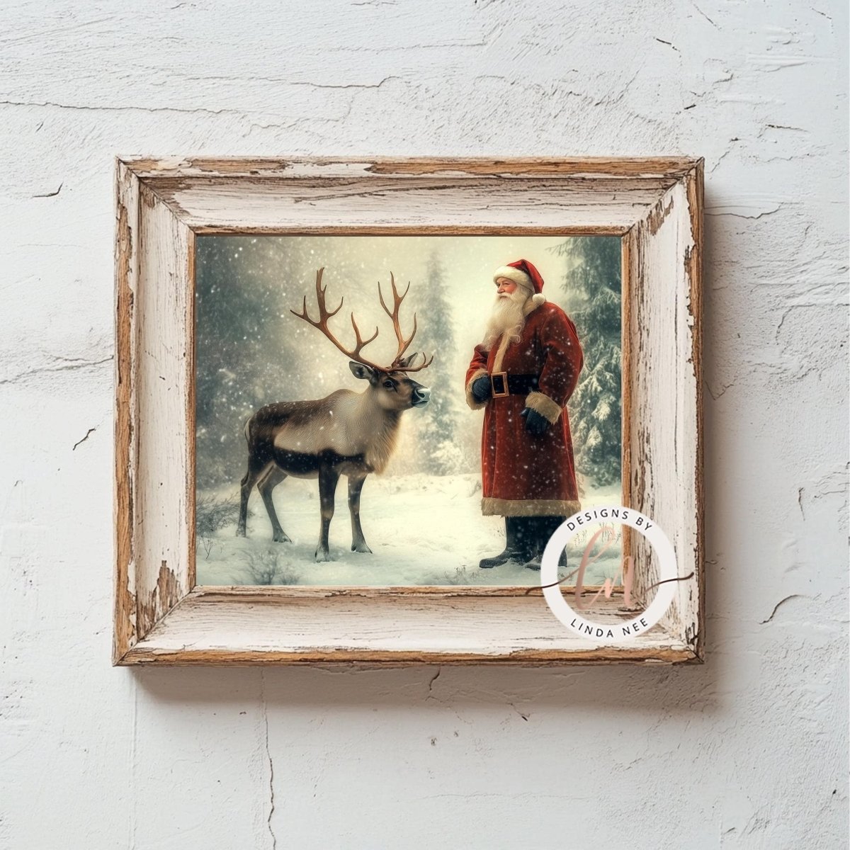 Santa Claus and reindeer together in a deep snowy winter forest setting