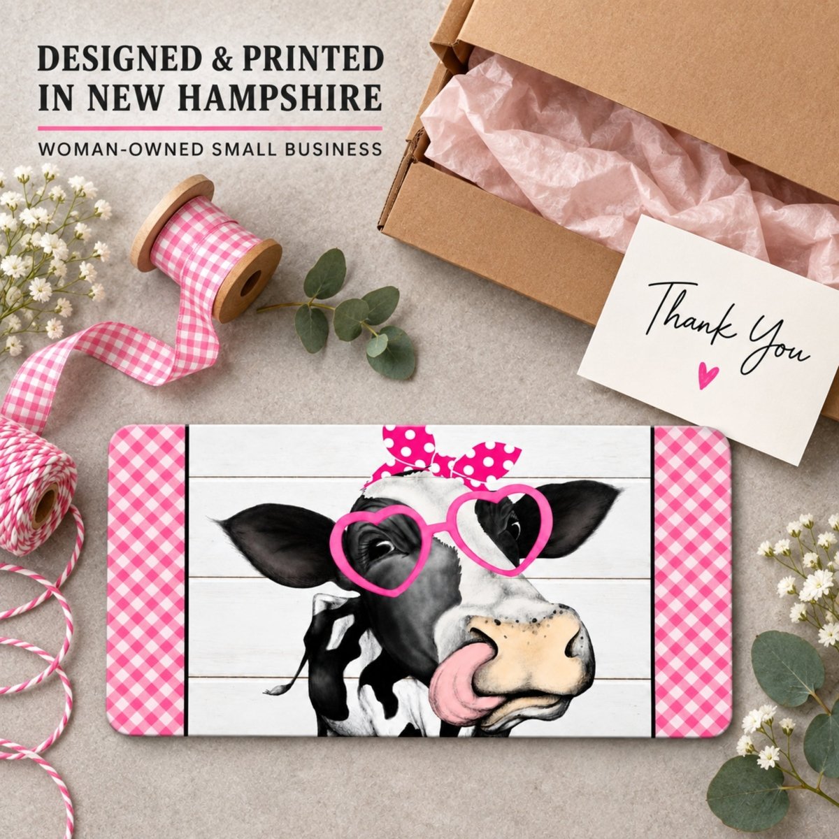 Pink Heifer sign packaged as a gift with a thank you note