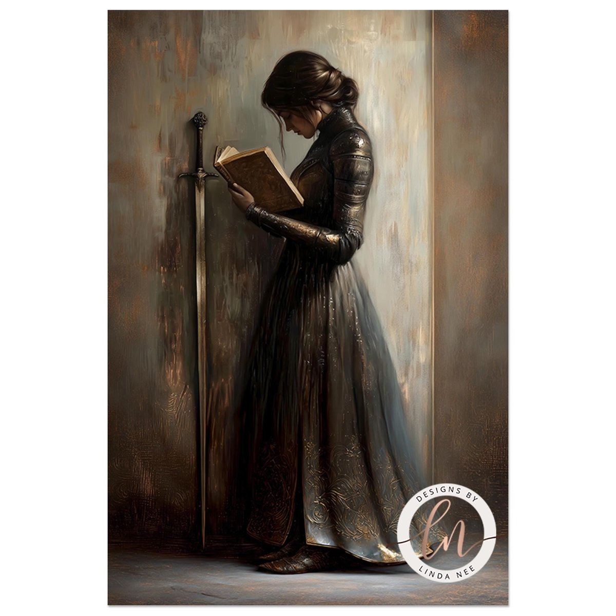 A woman in a long, ornate dress stands in a dimly lit room, engrossed in reading a book. She holds a sword in her right hand, adding a sense of power and determination to the scene.