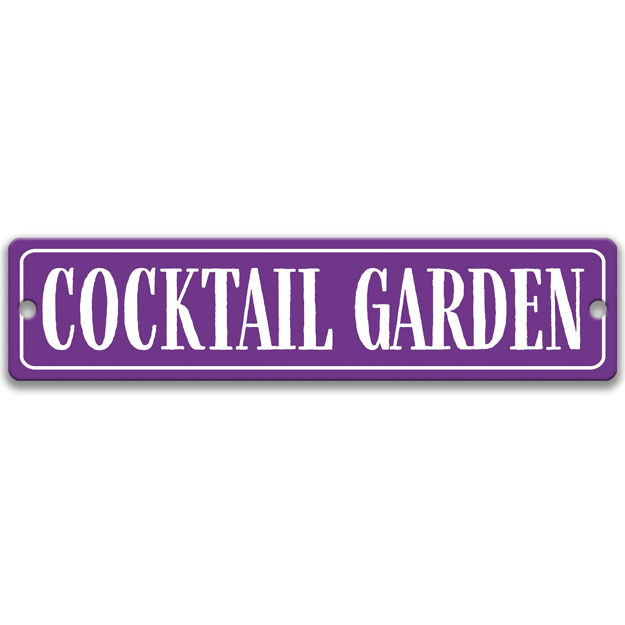 The image is a purple sign with the text "Cocktail Garden" written on it.