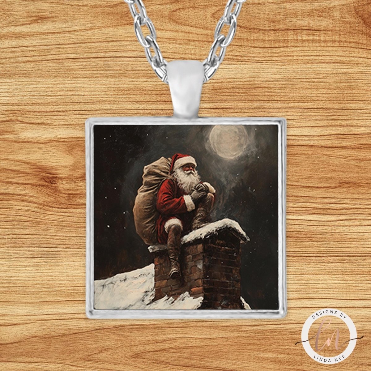 Santa on Chimney Christmas Pendant Necklace