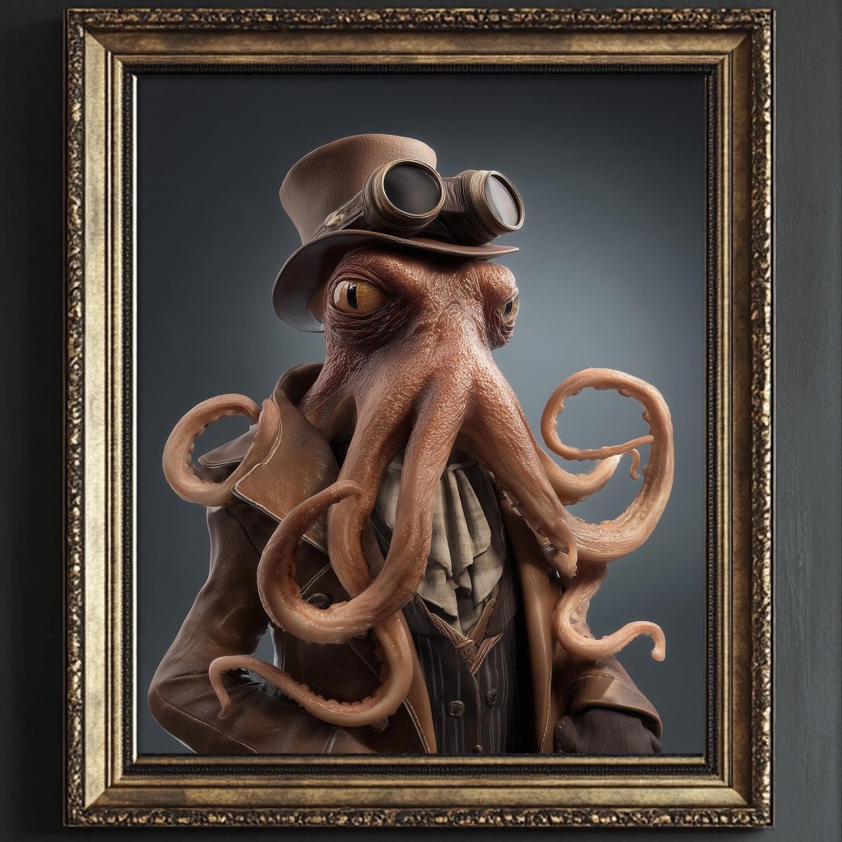 A large, detailed 3D model of an octopus wearing a top hat and goggles, with its tentacles spread out.