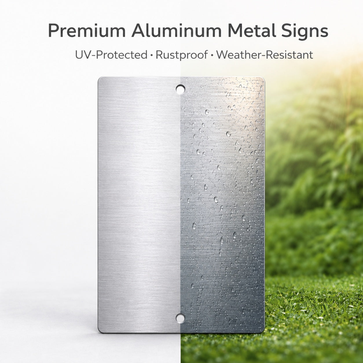 a metal sign with a textured surface, placed on a white background. The sign is described as "Premium Aluminum Metal Signs" and "UV-Protected - Rustproof - Weather-Resistant".