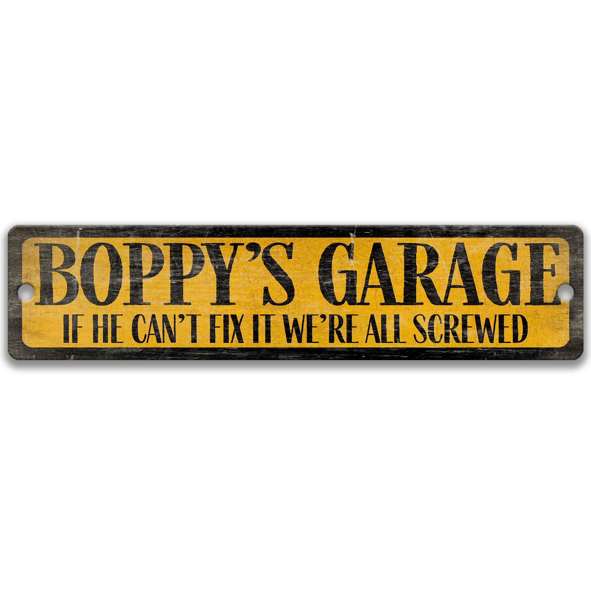 The image is a sign with the text "BO poppys garage" in black and yellow letters.
