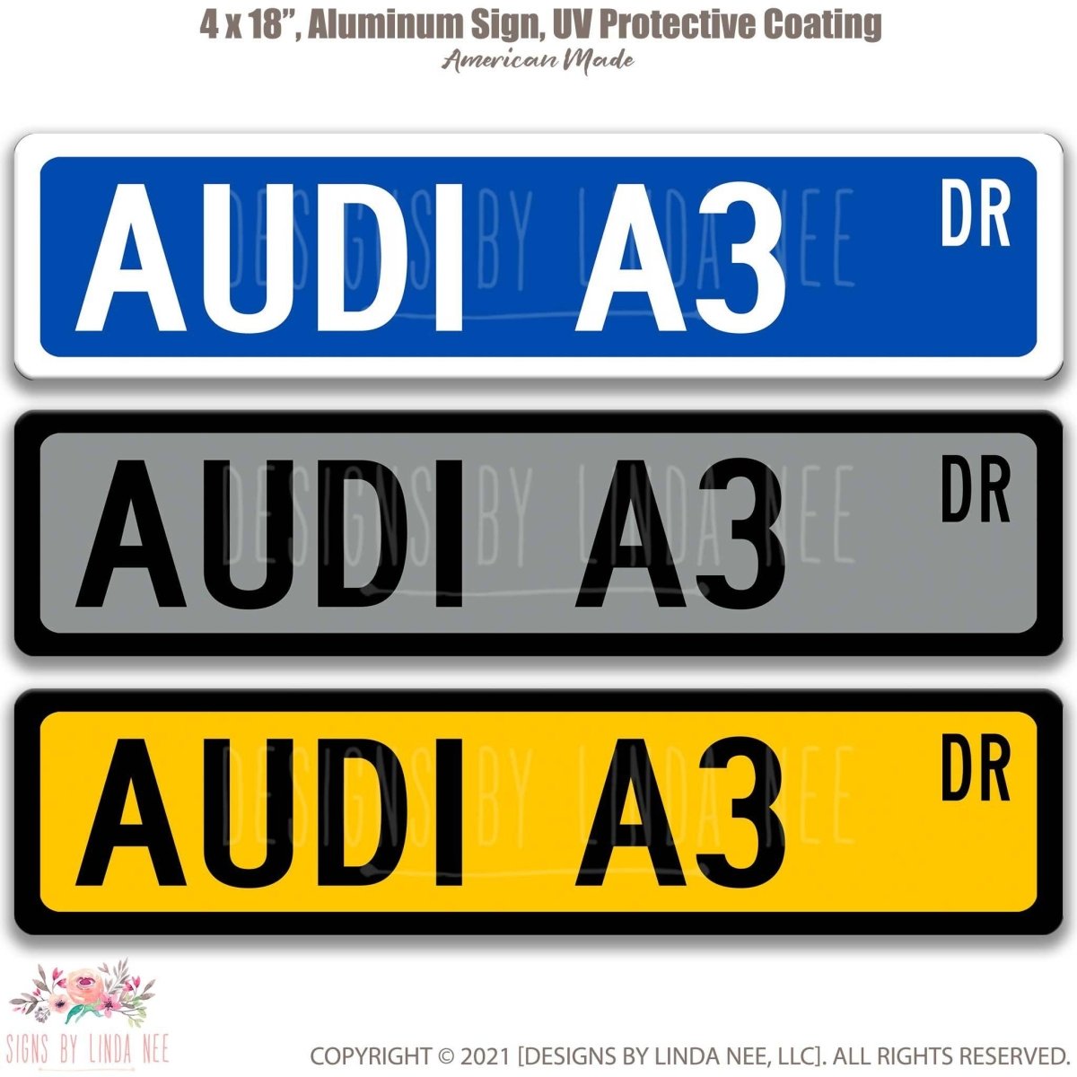 Audi A3 DR street name sign shown in three aluminum color options