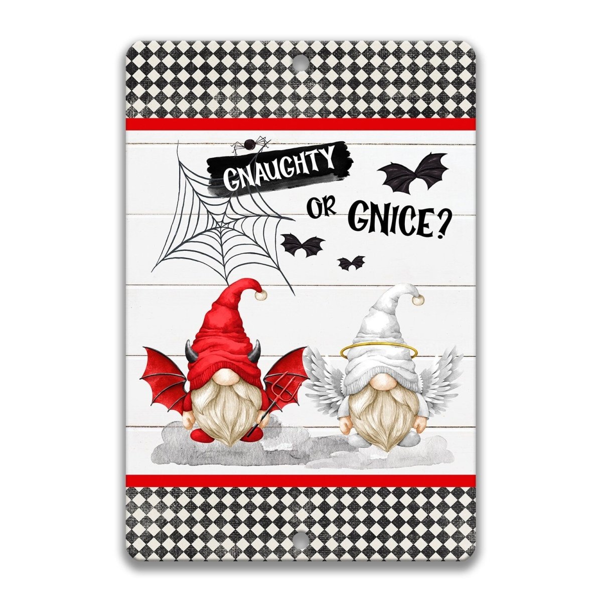 two gnomes, one red and one white, with wings and horns, against a background with a spider web and bats. The text above the gnomes reads "GNaughty or GNICE?"