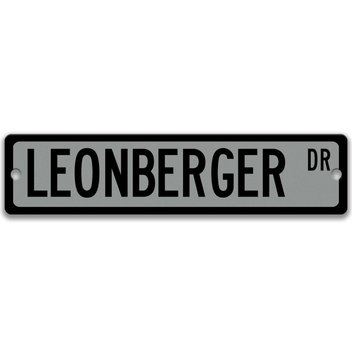 Black Leonberger DR aluminum street sign with white lettering