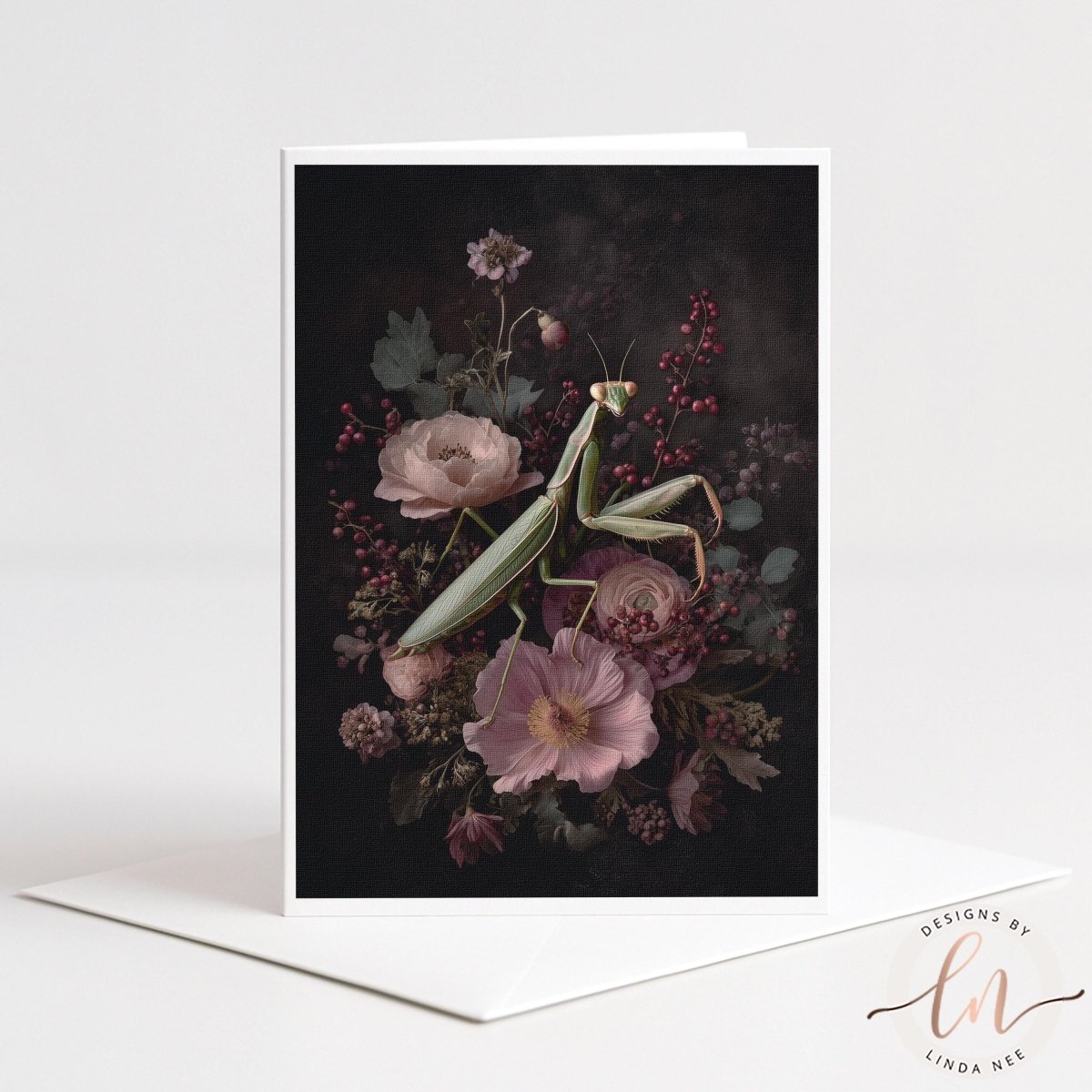 A floral arrangement featuring a praying mantis surrounded by pink and purple flowers, with a dark background.