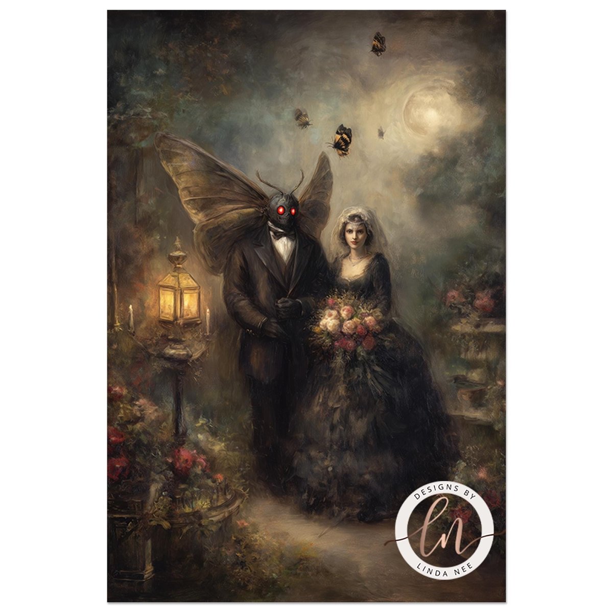 a couple dressed in formal attire, with a large winged creature looming over them. The couple is standing in a garden setting, surrounded by flowers and a lantern.