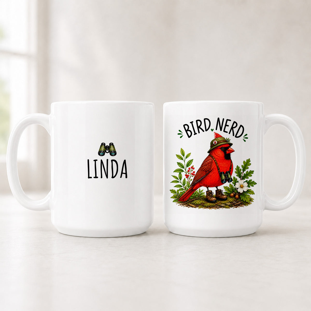 Front and back of the 15 oz Northern Cardinal Bird Nerd mug, the name LINDA on one side and the cardinal on the other