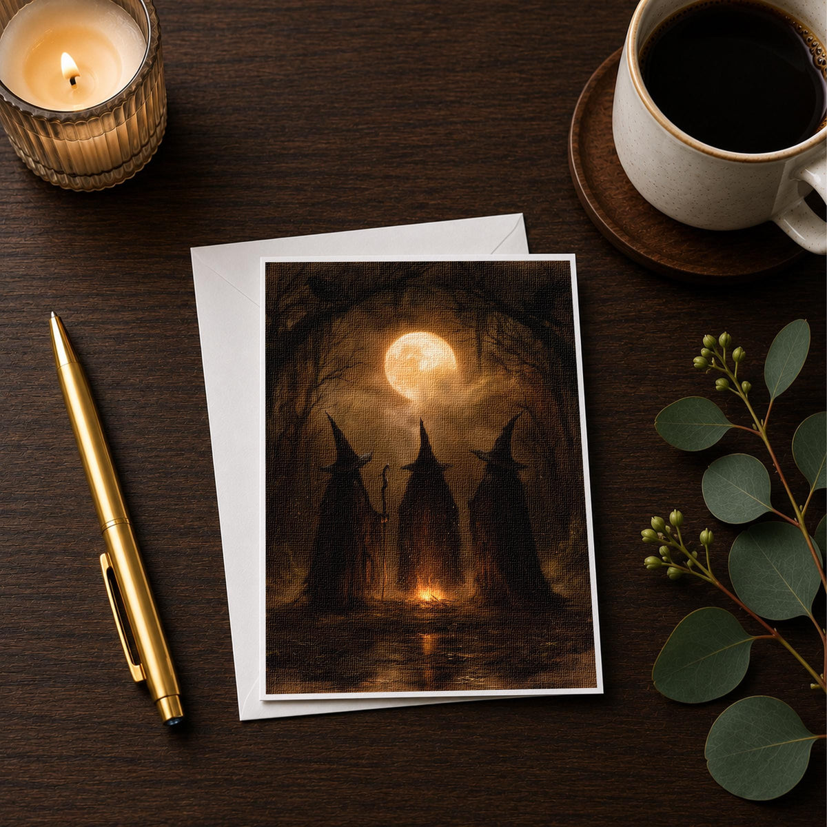 Witch coven firelight note card styled on a desk with a candle and coffee