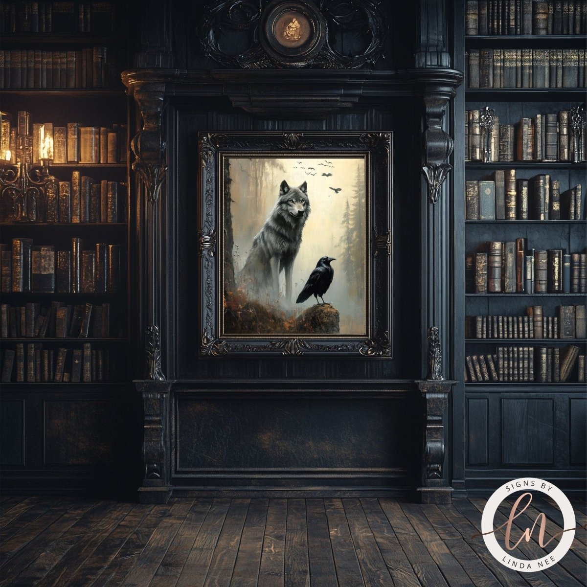 Wolf and raven print displayed on a dark wall with bookshelves nearby