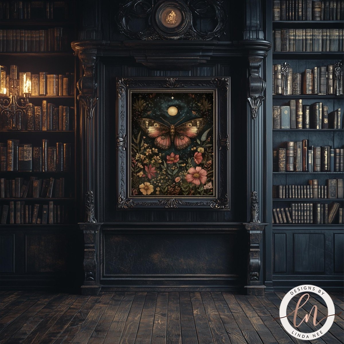 A framed gothic art print featuring a butterfly and flowers under a full moon, displayed on a dark wooden wall in a vintage library with bookshelves.