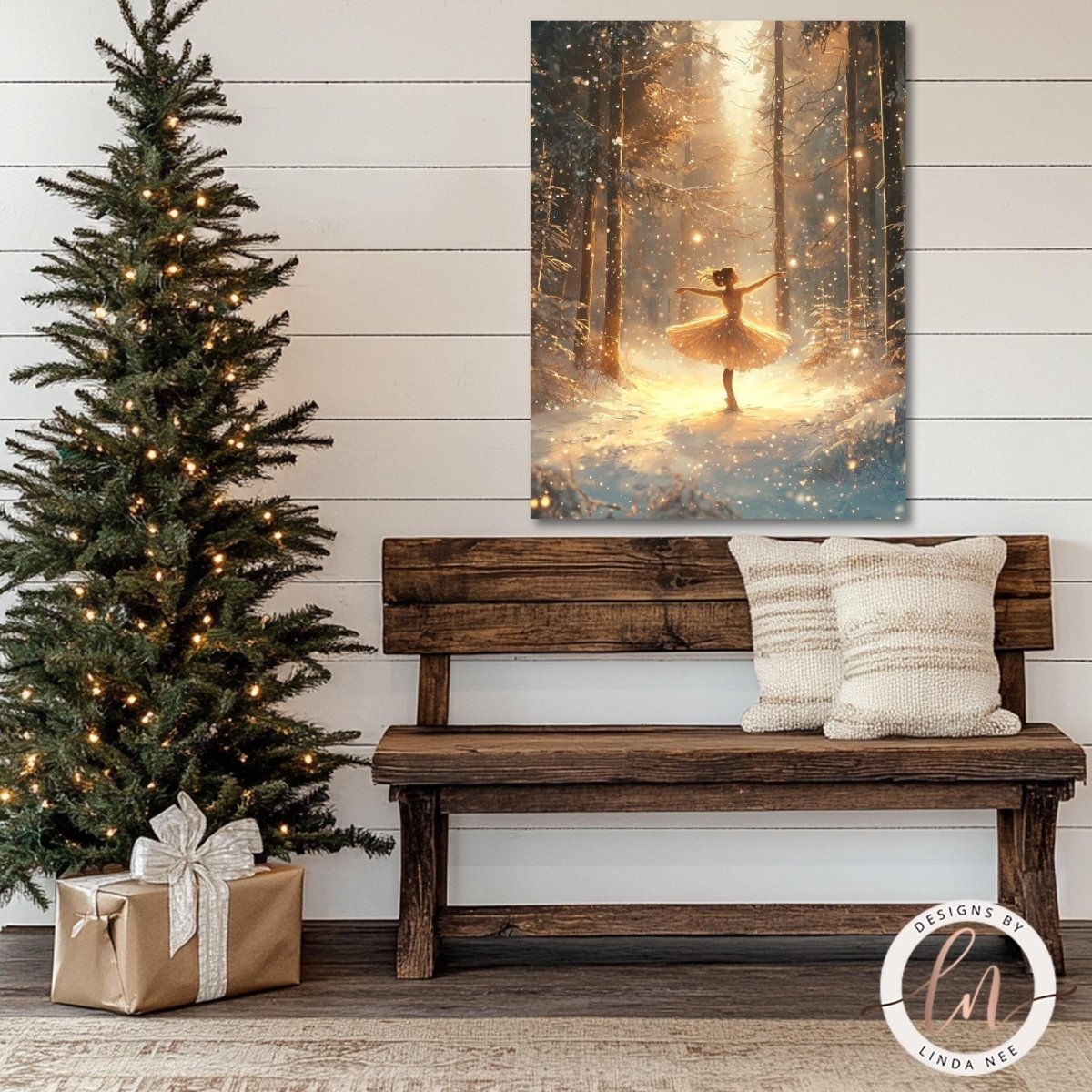 a cozy Christmas scene with a beautifully decorated Christmas tree, a wooden bench with pillows, and a large painting of a ballerina in a snowy forest.