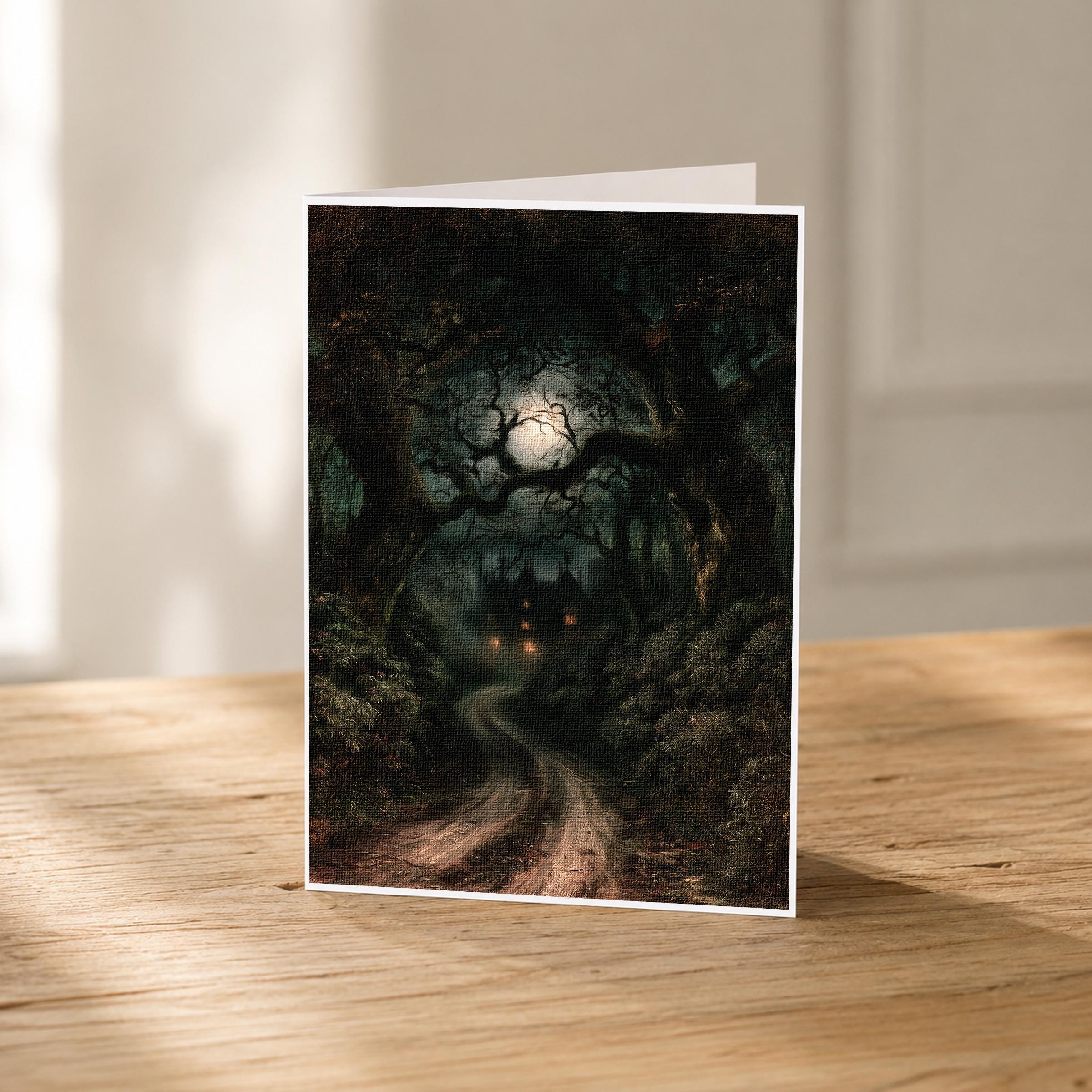 5x7 literary note card featuring a winding drive beneath dark twisted trees leading toward a shadowed gothic English estate with softly glowing windows, rendered in deep green, black, brown, cream, and amber tones with a textured painterly finish.