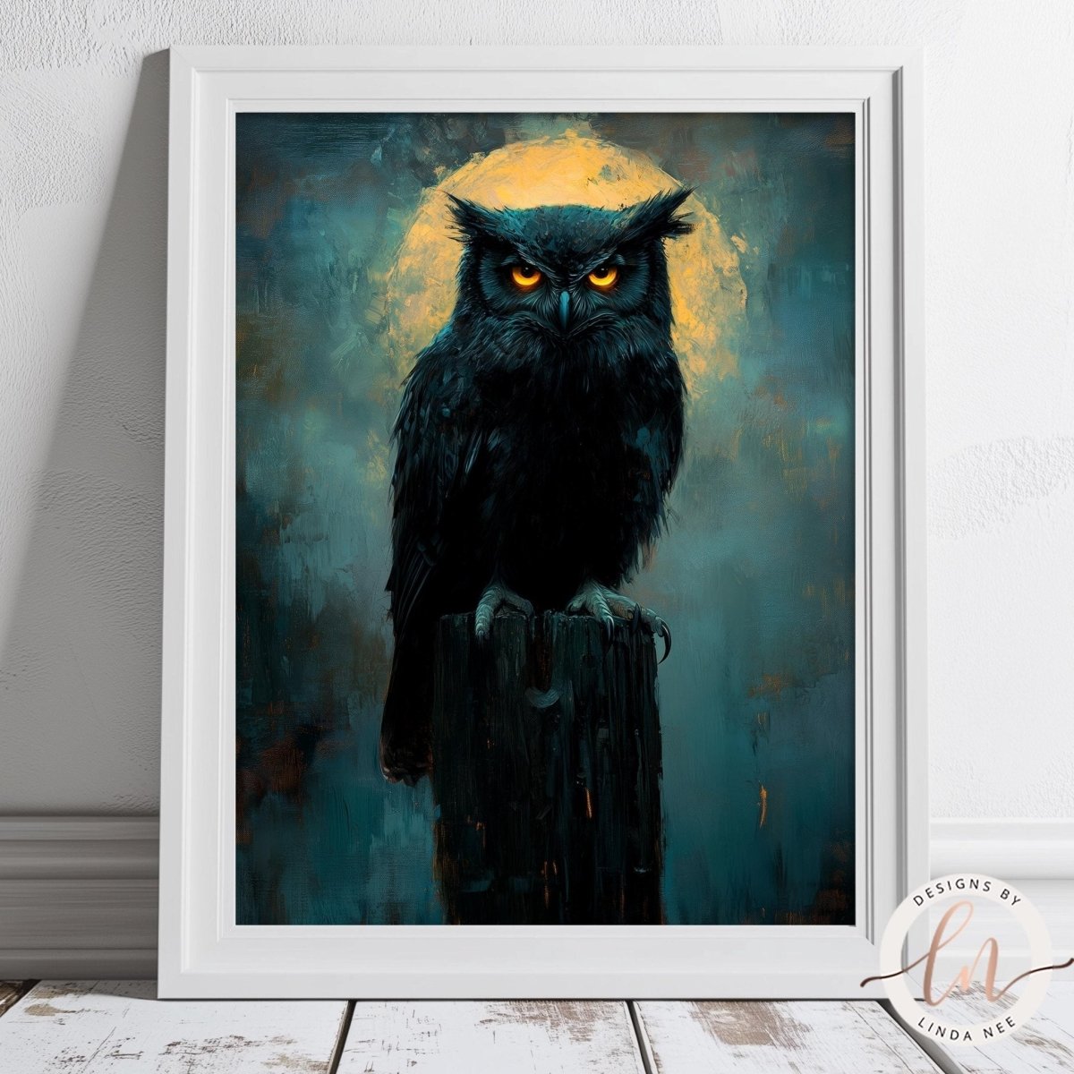 A framed painting of a black owl perched on a wooden post against a dark, moody background with a yellow glow.