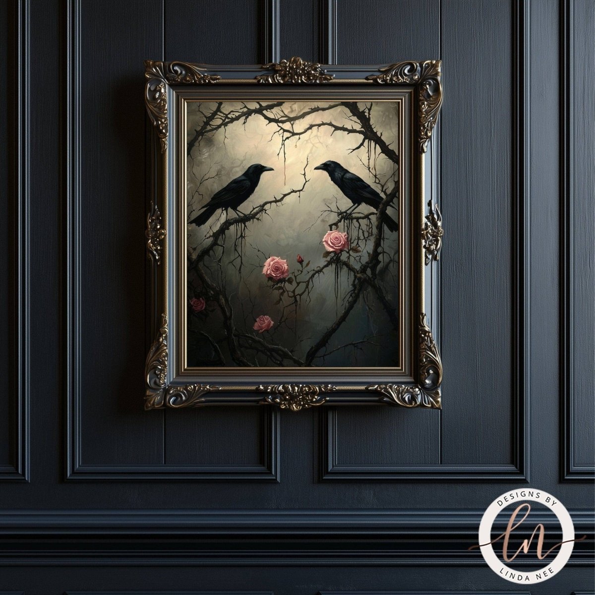 Pink rose branch and raven painting hanging on a dark wooden wall