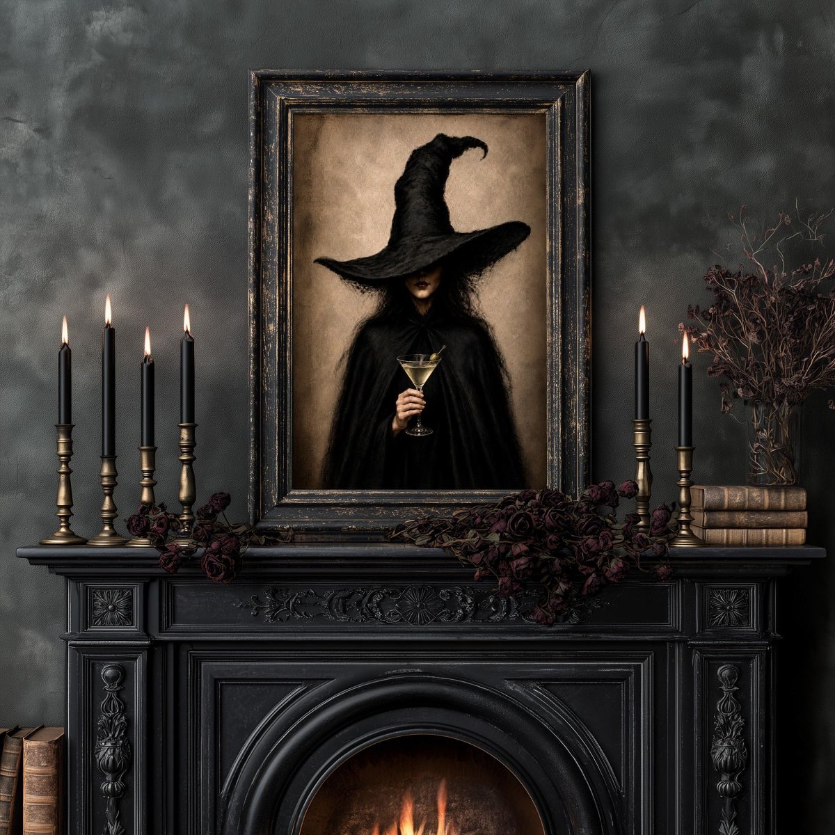 Witch portrait wall art on a mantel styled with candles and dried flowers