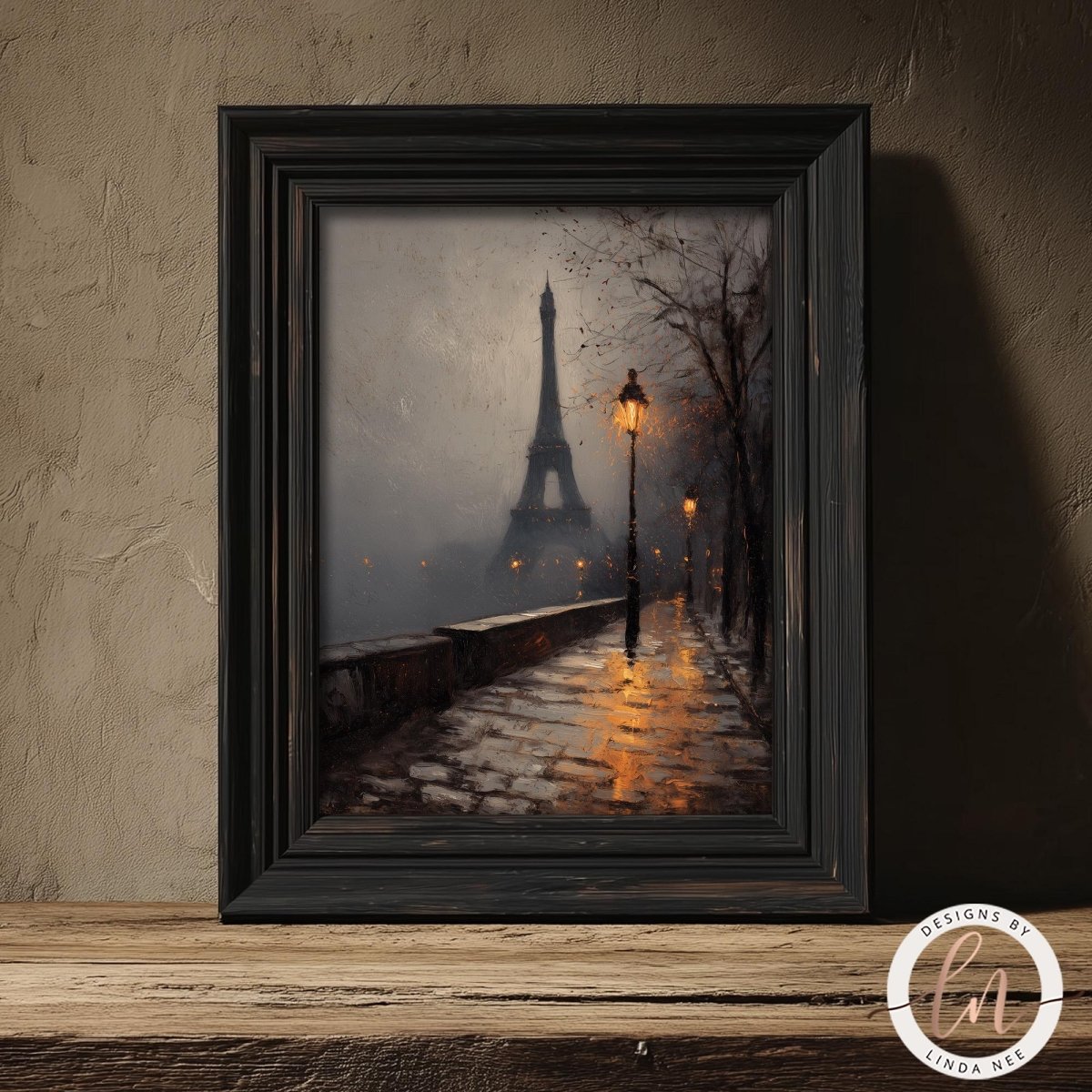 a rainy night scene with the Eiffel Tower in the background, illuminated by street lamps and creating a warm, atmospheric glow.
