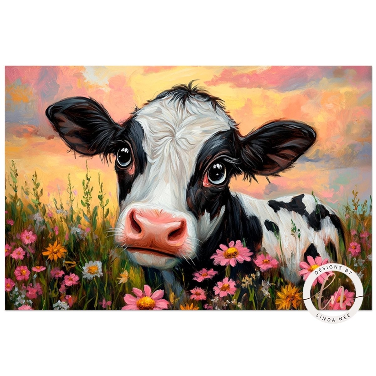 Holstein calf with large eyes in a whimsical pastoral scene